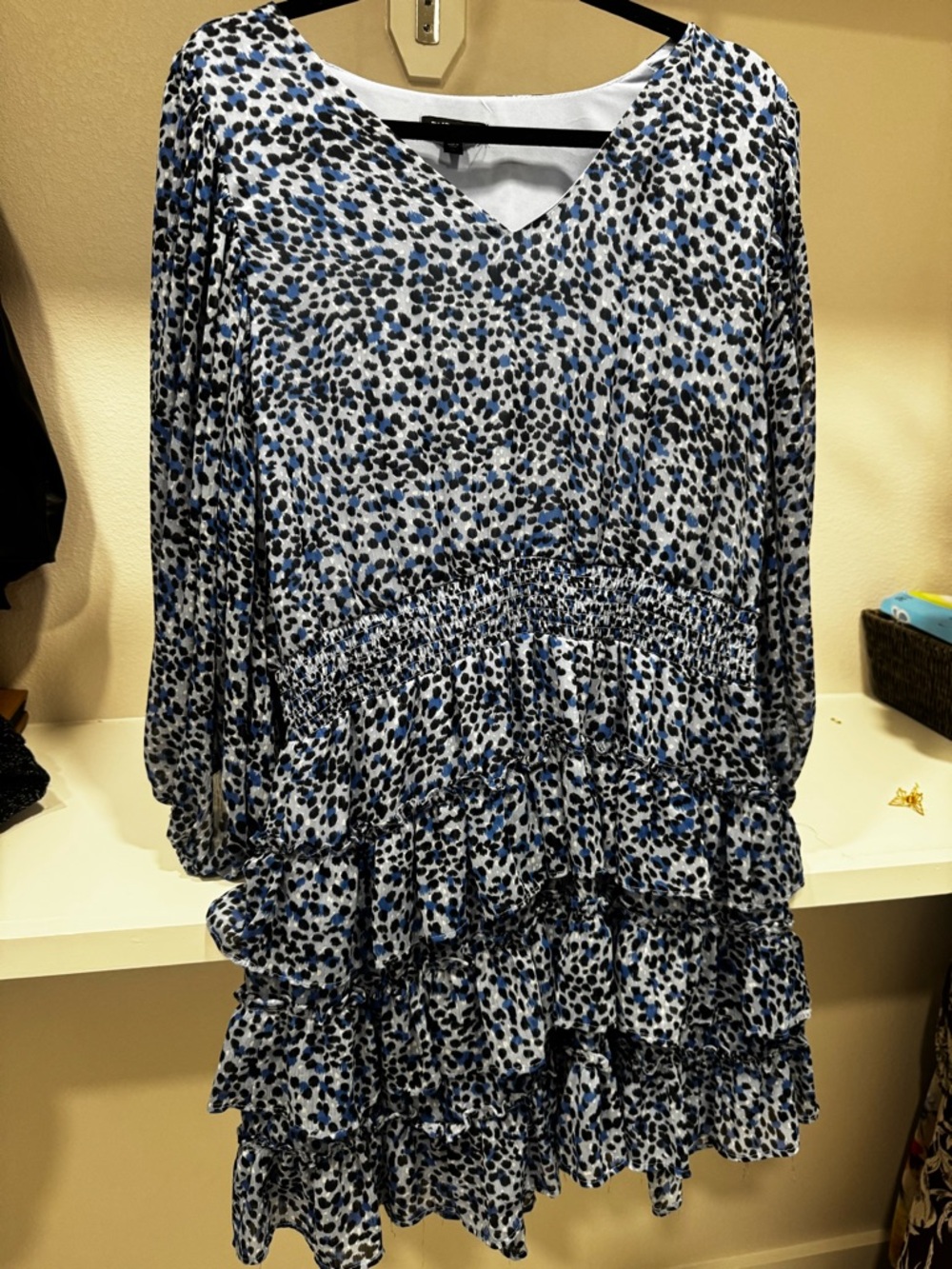 Express Blue and Black Animal Print Midi Dress with Ruffle Tiers